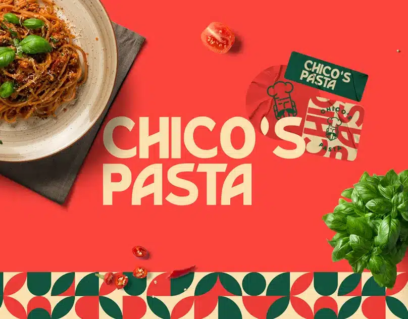 Projeto de branding para a marca Chico's Pasta, com identidade visual vibrante e elementos gráficos inspirados na culinária italiana.