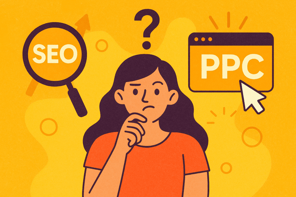 Ilustração de mulher em dúvida entre investir em SEO ou anúncio pago.
